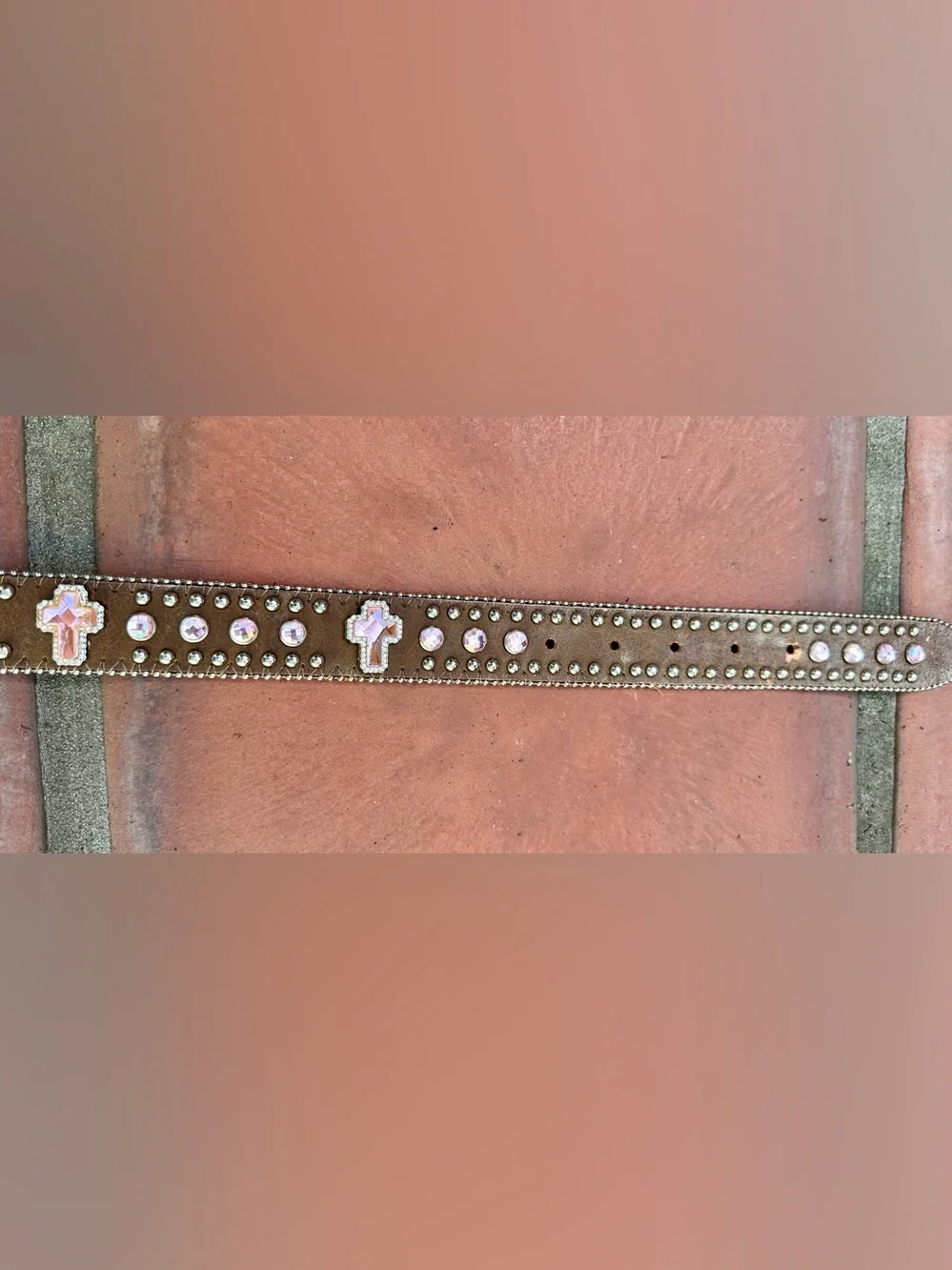 Rhinestone Cross Studded Brown Leather Belt